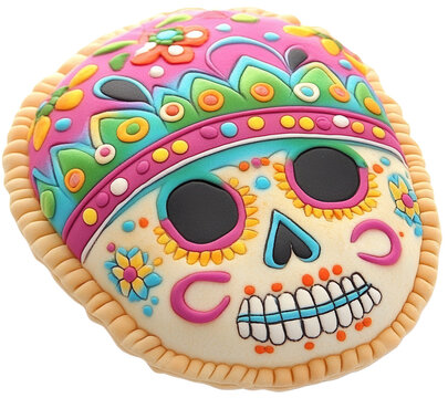 Colorful sugar skull cookie with vibrant decorations isolated on transparent background. cut out. PNG