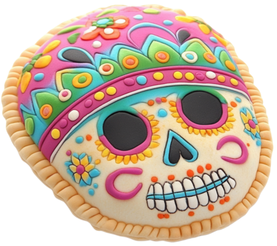 Colorful sugar skull cookie with vibrant decorations isolated on transparent background. cut out. PNG