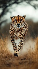 Naklejka premium A vivid, real-life photograph for International Cheetah Day, showcasing a cheetah in its natural habitat, captured in a powerful stride with the savanna backdrop, offering wide space for text