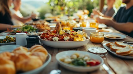 A vibrant outdoor dining scene featuring a variety of delicious dishes arranged on a rustic table, with people enjoying a meal together.