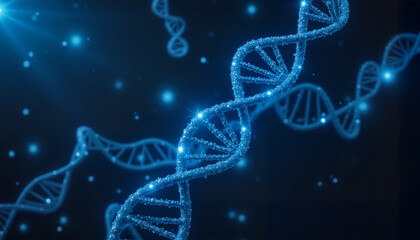 Glowing blue DNA strands on dark background, futuristic scientific concept