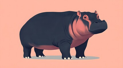 A cartoon depiction of a cute hippo, showcasing its distinctive features against a soft pink background.