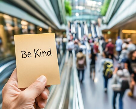 A handwritten message saying "Be Kind" on a sticky note, placed on a mirror or public space, spreading positivity and kindness