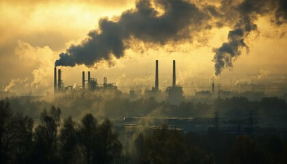 Industrial pollution. Factory chimneys. Environmental damage. Industrial landscape with heavy air pollution.