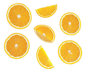Obraz premium A collection of orange slices arranged artistically on a white background.