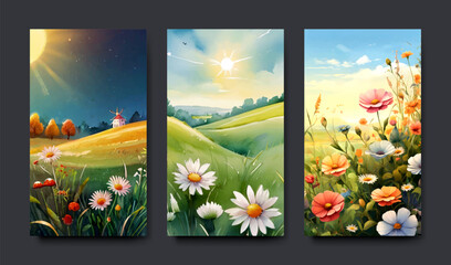 Set of cards with illustration of autumn and spring landscape with a wish of a good day, water color painting style, banner and template design.