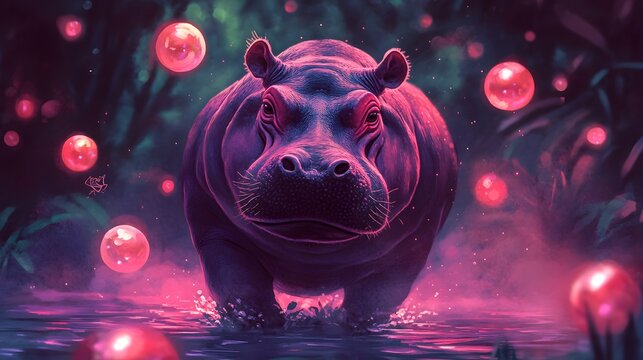 A vibrant, surreal scene featuring a hippo in a colorful, misty environment with glowing orbs amidst lush greenery.