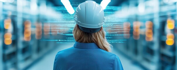 Factory worker inspecting products with AI-powered sensors, data streams overlaying the image, symbolizing automated quality control through advanced analytics