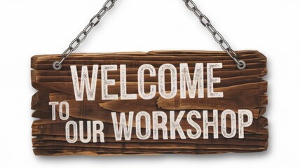 Wooden signboard hanging from metal chains, isolated on a white background, perfect for announcement