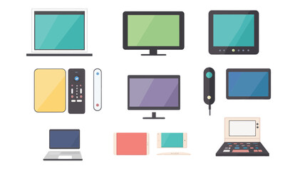 Flat Design Vector Set of Modern Digital Devices Including Laptops, Tablets, Smartphones, Monitors, and Remote Controls for Technology and Electronics Concepts