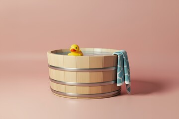 桶とタオルとアヒルのおもちゃ。温泉・銭湯のイメージ。ピンク背景｜A tub, a towel, and a toy duck. Image of a hot spring or public bath. Pink background