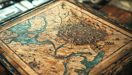  Antique maps of old cities or unexplored territories, with faded colors and intricate details, giving a historic and adventurous vibe.