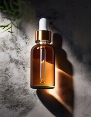 Fototapeta premium A glass dropper bottle of serum placed on a textured concrete background with minimal shadow play