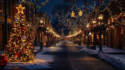 Festive city night with Christmas lights adorning streets, buildings, and a beautifully decorated tree in the town square.