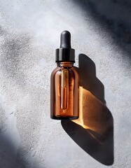 Fototapeta premium A glass dropper bottle of serum placed on a textured concrete background with minimal shadow play