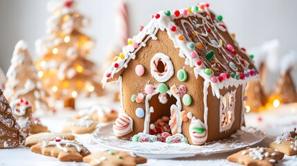 Gingerbread house decorated with colorful candy, surrounded by Christmas cookies, creating a festive and sweet holiday scene. Perfect for seasonal celebrations and cozy gatherings