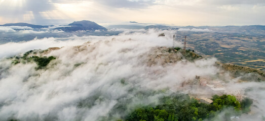 Aerial view of historic town of Erice near Trapani. Castello di Venere, Sicily, Italy.