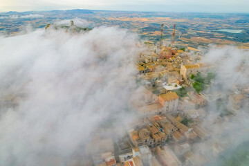 Aerial view of historic town of Erice near Trapani. Castello di Venere, Sicily, Italy.