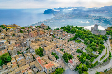 Aerial view of historic town of Erice near Trapani. Castello di Venere, Sicily, Italy.