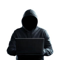 Anonymous hacker in black hoodie using laptop, white isolate background