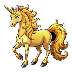 Majestic golden unicorn with flowing mane and tail standing proudly