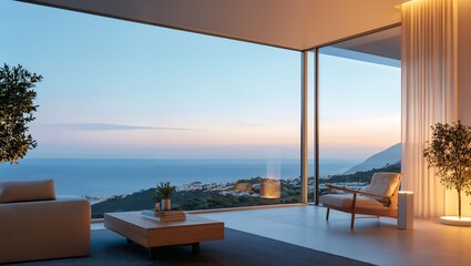 Fototapeta premium A breathtaking view from a modern living room, showcasing vibrant coastal scenery, soft hues of sunset painting the sky, inviting tranquility and peaceful contemplation.
