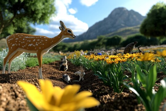 3D digital model of a biodiverse ecosystem, showing different species of animals and plants interacting in a virtual forest or meadow