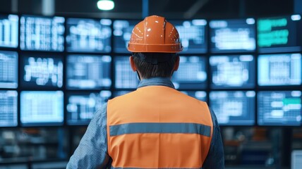 Factory worker monitoring product quality with data-driven tools, performance metrics displayed on screen, emphasizing precision and compliance with industry standards