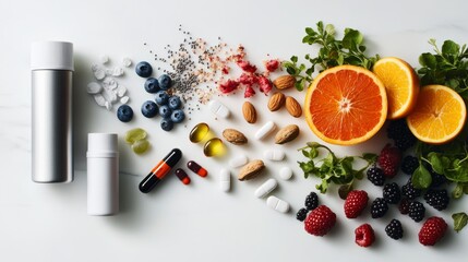 An array of vibrant fruits, nutrient-rich nuts, and assorted vitamin supplements is beautifully displayed on a pristine white surface, encouraging healthy choices