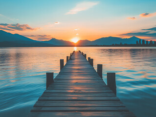Fototapeta premium Wooden Pier Leading to a Beautiful Sunset over a Lake