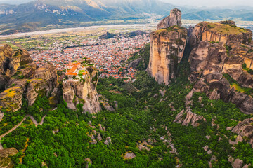 The monastery Meteora, aerila rocky monasteries complex in Greece near Kalabaka city. Monastery of...