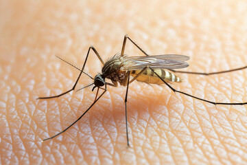 Mosquito with blood-filled abdomen resting on skin with copy space. Focused macro shot of insect's body and thin legs.