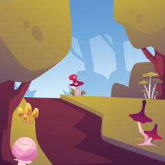 Charming vector illustration depicting mushrooms: fly agaric and toadstools in the forest among the trees