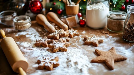 Cozy kitchen with homemade Christmas cookies in the making, rolling pin and flour scattered on the counter, evoking a festive and nostalgic holiday baking scene