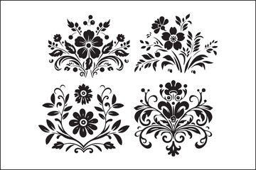 A collection of black and white designs with a white background