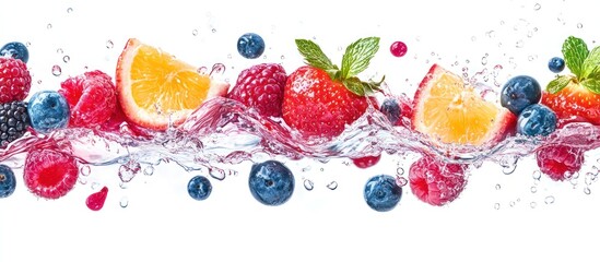 Fresh berries, orange slices, and mint leaves splash in water.