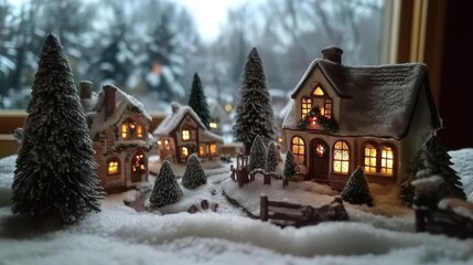 Charming miniature christmas village display with festive decorations and cozy atmosphere