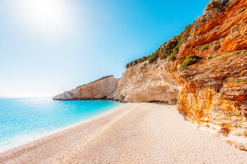 Beach of Port Katsiki with turquoise shining ocean on the island of Lefkada, Ionian Sea, Greece