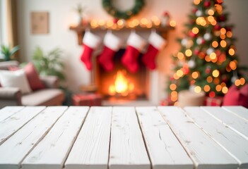 A wooden table in front of a fireplace with stockings hanging from it.