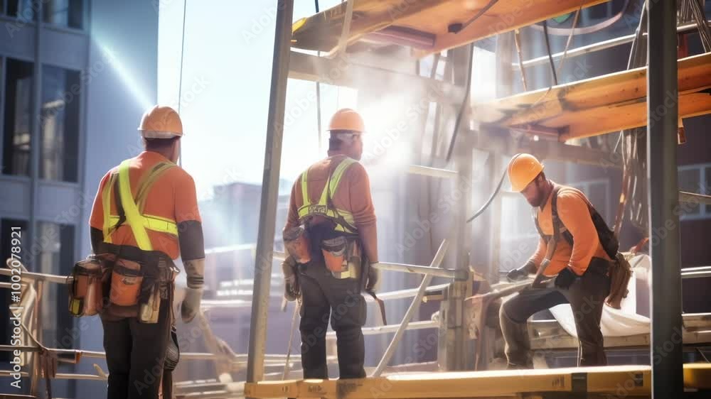 Poster Three construction workers standing on scaffolding at a construction site, taking a break from building a new high rise building