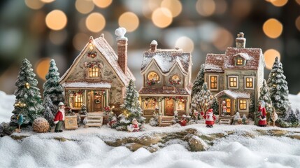 Fototapeta premium Charming miniature christmas village display with festive decor and snow covered houses