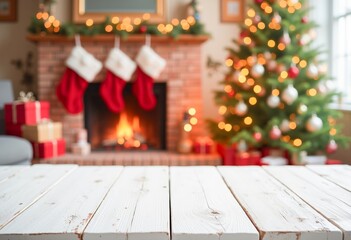 A wooden table in front of a fireplace with stockings hanging from it.