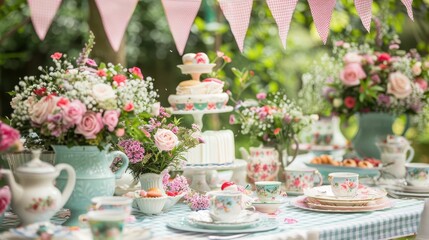 A charming outdoor tea party setup with floral arrangements, vintage china, and decorative bunting, perfect for a celebration or gathering.