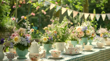 A beautifully arranged outdoor table with floral centerpieces, vintage teapots, and cups, set up for a charming tea party.