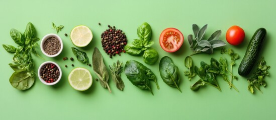 Fresh green herbs, spices, vegetables and fruits on a green background, overhead view.