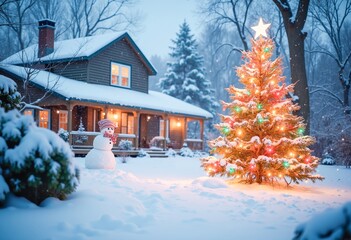 A snowman standing in front of a house with a Christmas tree.
