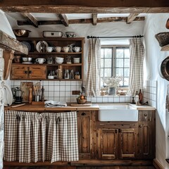 A cozy rustic kitchen with wooden shelves, checkered curtains, and vintage dishes, exuding warmth and charm.