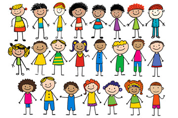 Children stick figure collection clipart vector, stick girls, stick boys, illustration silhouette