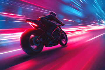 motorbike at high speed along the highway of cyberpunk city