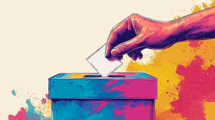 Democratic voting concept, A stylized hand placing a paper ballot into a slot of a ballot box, minimalistic background, Ai